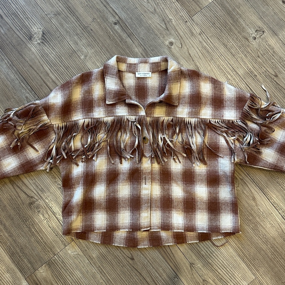 Plaid Fringe Button-Up Flannel Shirt w Flaps